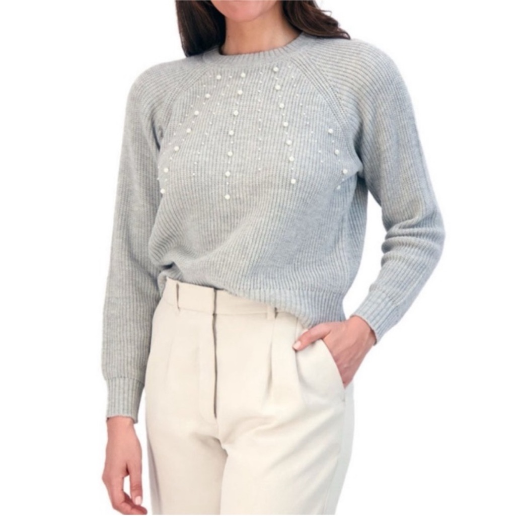 Ladies, French Connection, Heather Grey Sweater With Pearls Size, 2xl New
